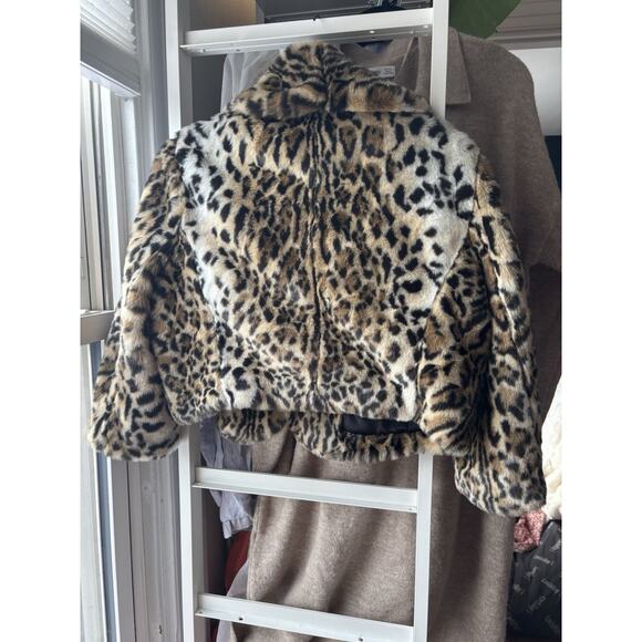 Y2K Leopard Print Cropped Jacket Bolero Faux Fur Collared Large - Picture 4 of 4